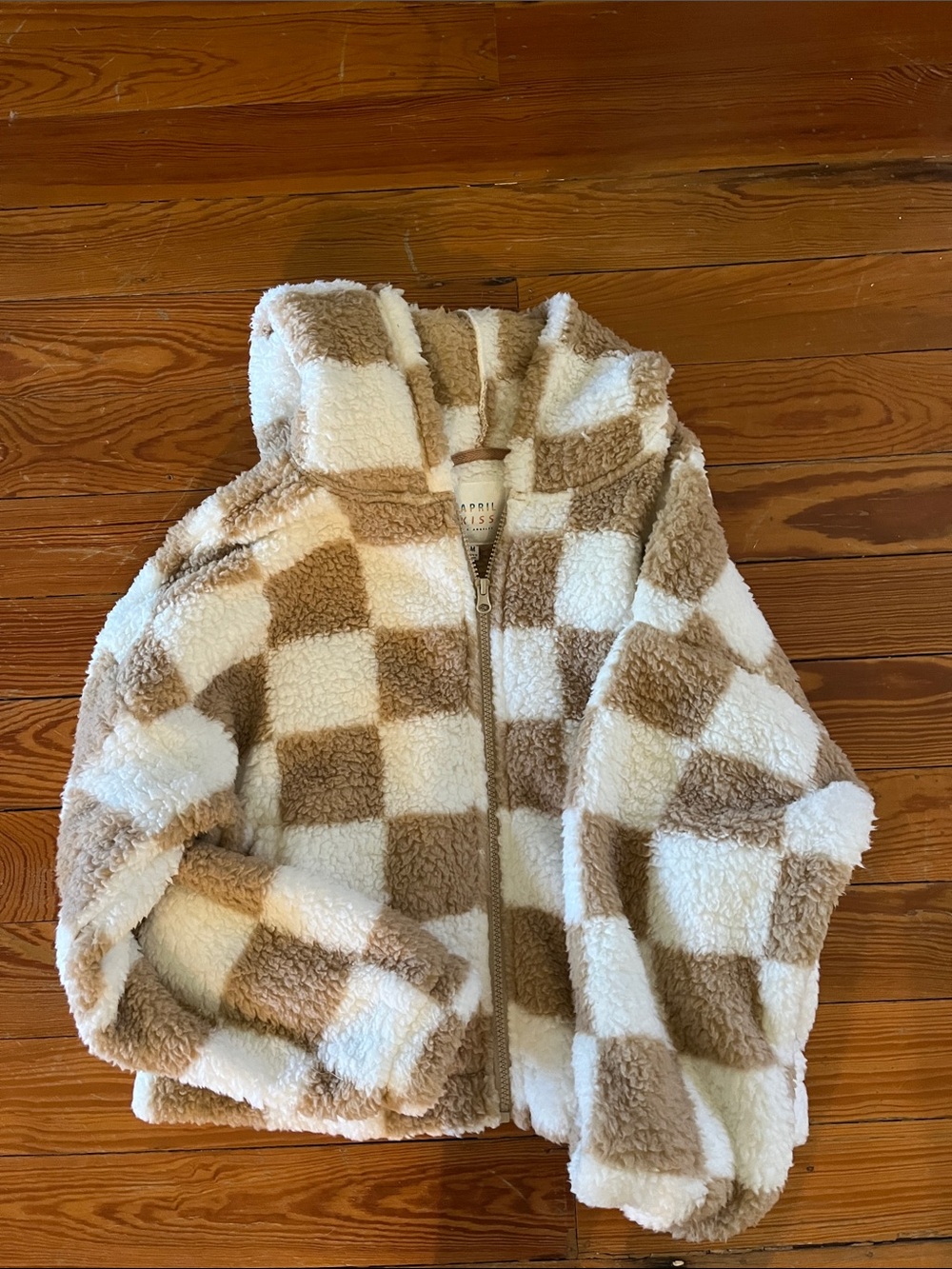 Cozy Checkerboard Sherpa Hooded Fleece Jacket - Cream & Tan NWOT
